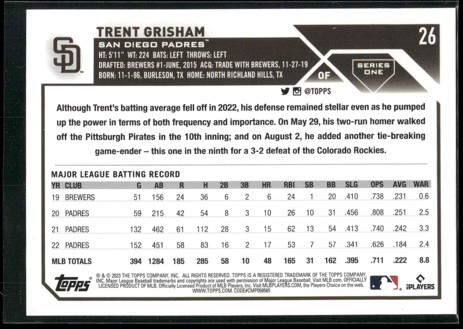 2023 Topps #26 Trent Grisham Rainbow Foil
