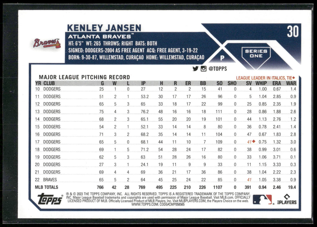 2023 Topps #30 Kenley Jansen Rainbow Foil