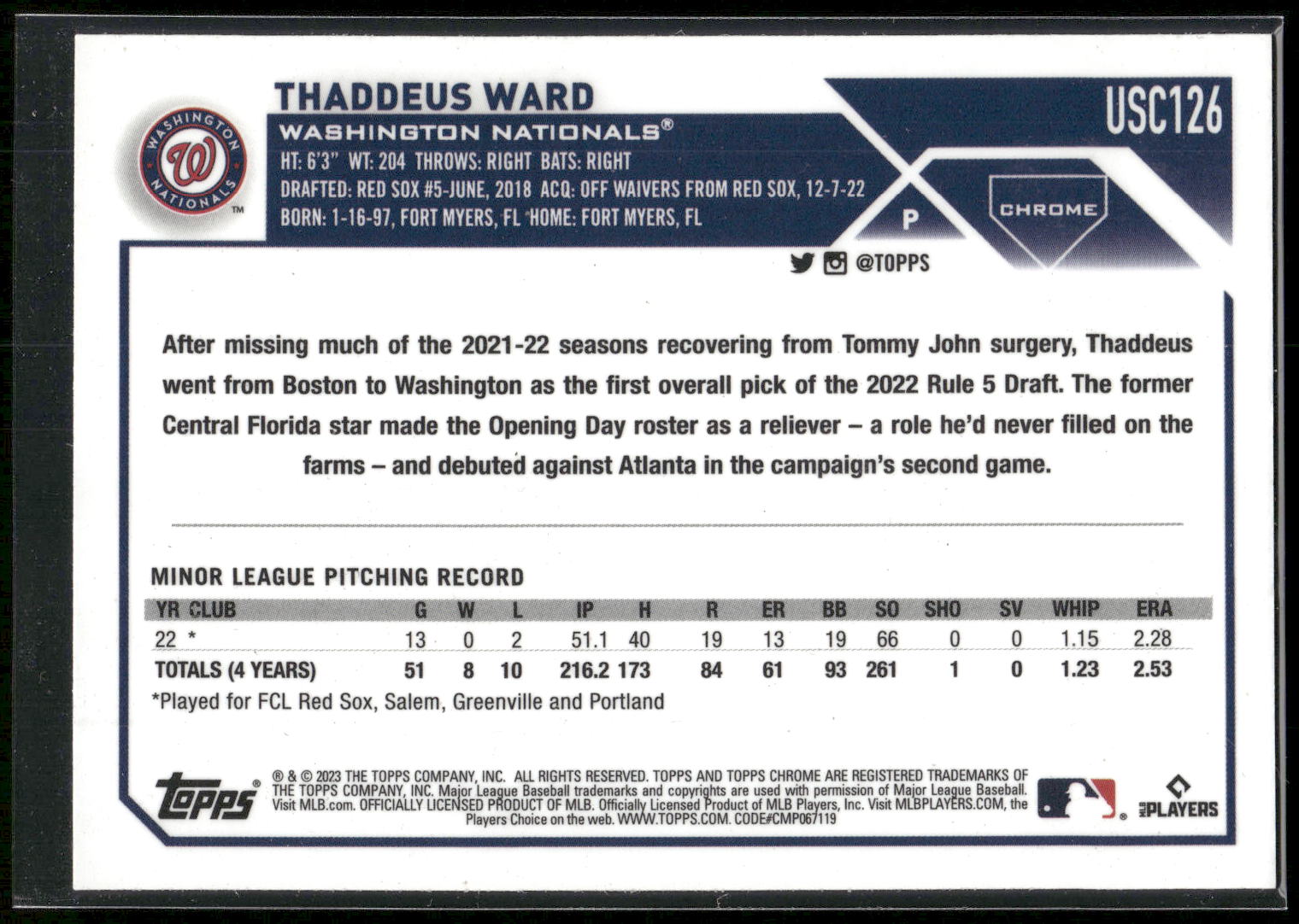2023 Topps Chrome Update #USC126 Thaddeus Ward