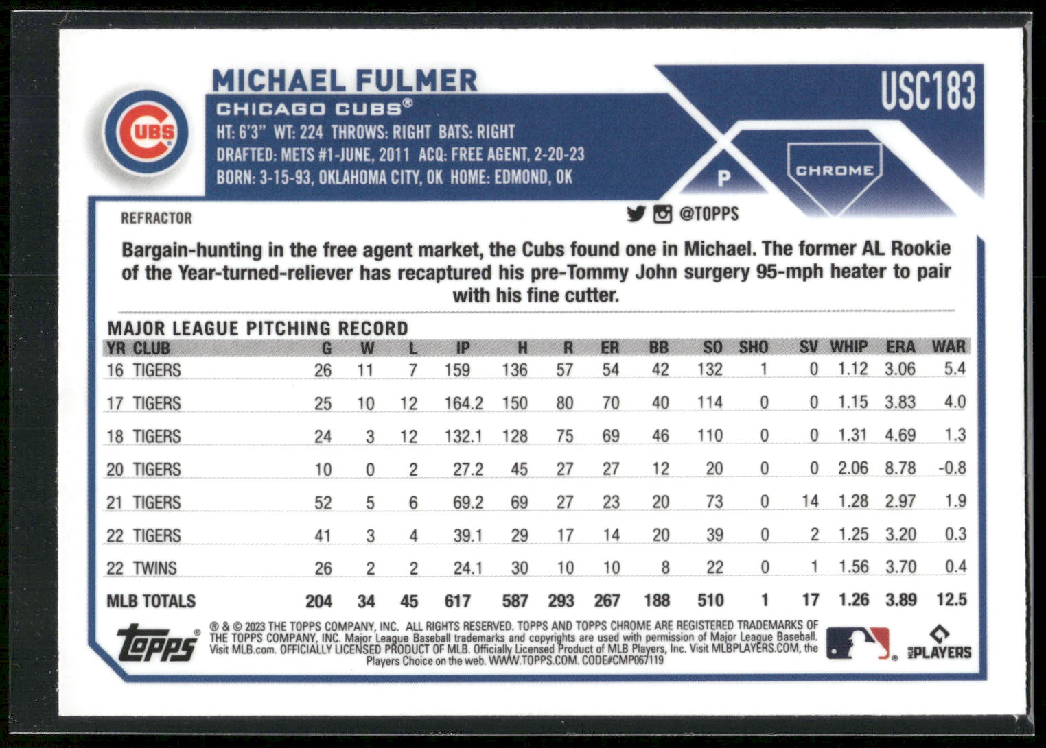 2023 Topps Chrome Update #USC183 Michael Fulmer Refractor