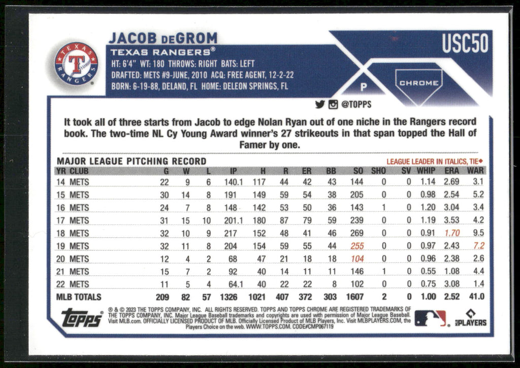 2023 Topps Chrome Update #USC50 Jacob deGrom