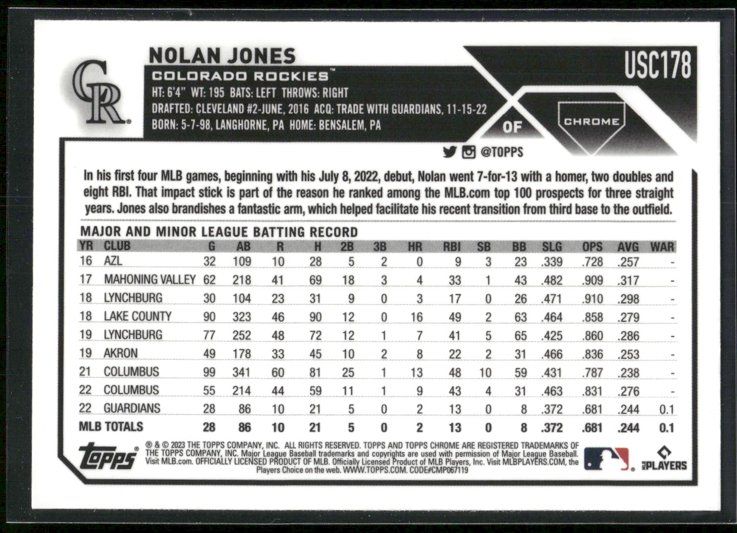 2023 Topps Chrome Update #USC178 Nolan Jones