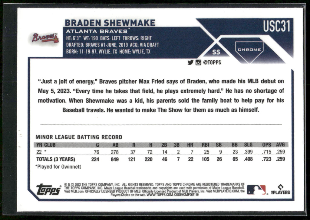 2023 Topps Chrome Update #USC31 Braden Shewmake
