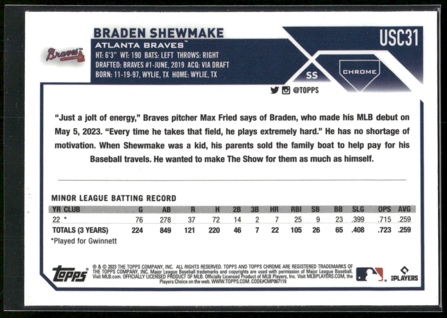 2023 Topps Chrome Update #USC31 Braden Shewmake