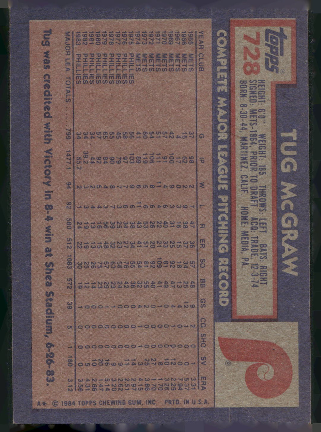 1984 Topps #728 Tug McGraw
