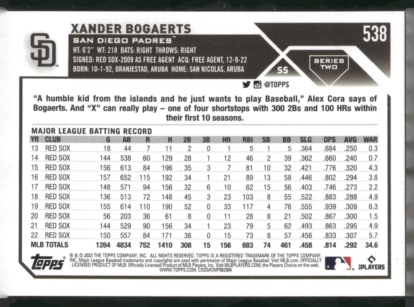 2023 Topps #538 Xander Bogaerts Royal Blue