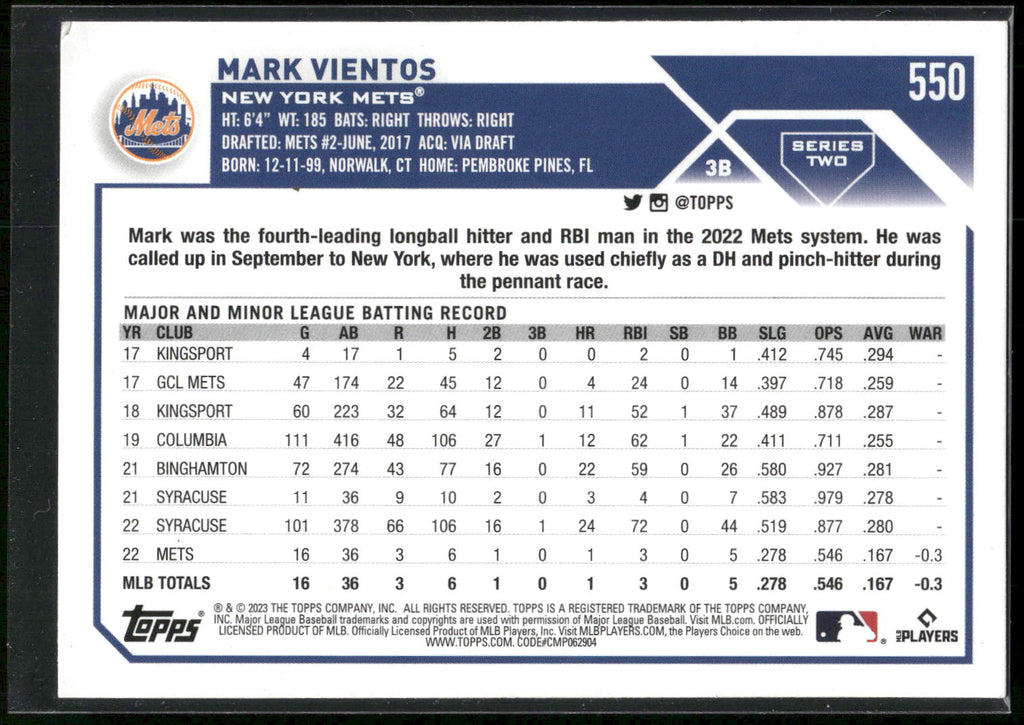 2023 Topps #550 Mark Vientos Royal Blue