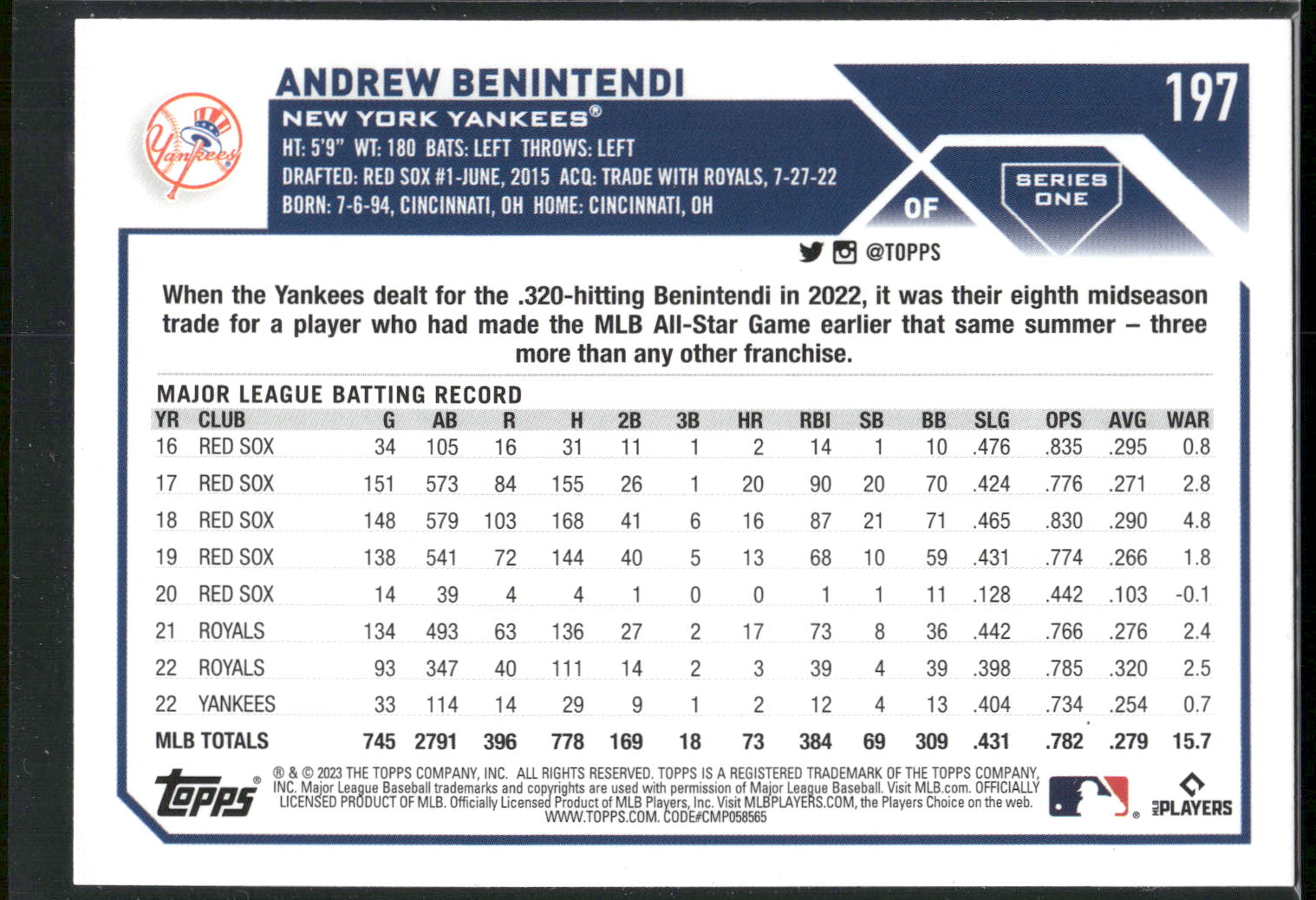 2023 Topps #197 Andrew Benintendi Royal Blue