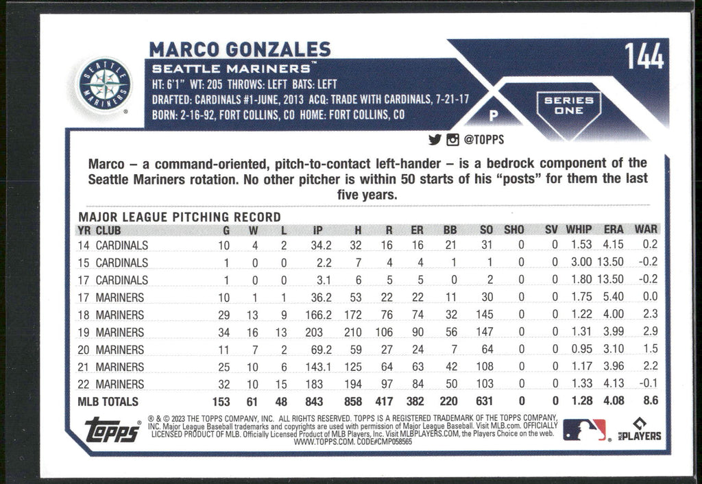 2023 Topps #144 Marco Gonzales Rainbow Foil