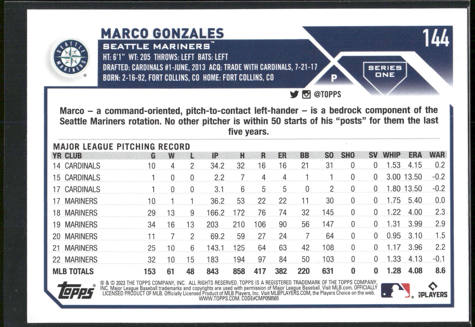 2023 Topps #144 Marco Gonzales Rainbow Foil