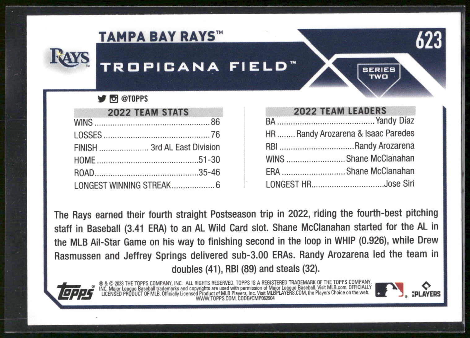 2023 Topps #623 Tampa Bay Rays Rainbow Foil