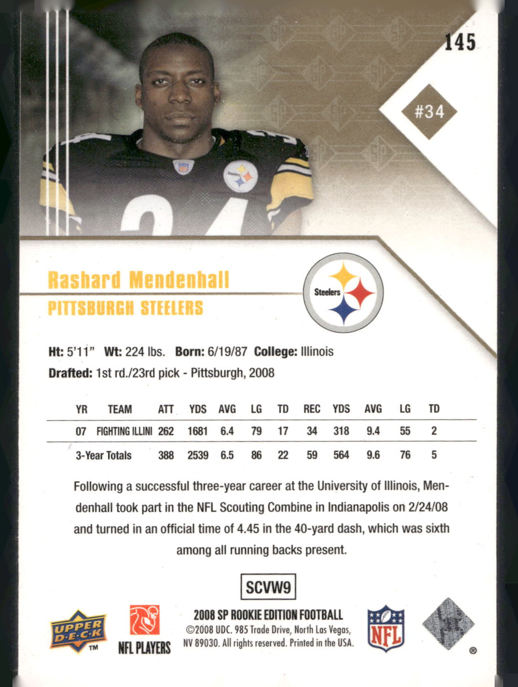 2008 SP Rookie Edition #145 Rashard Mendenhall