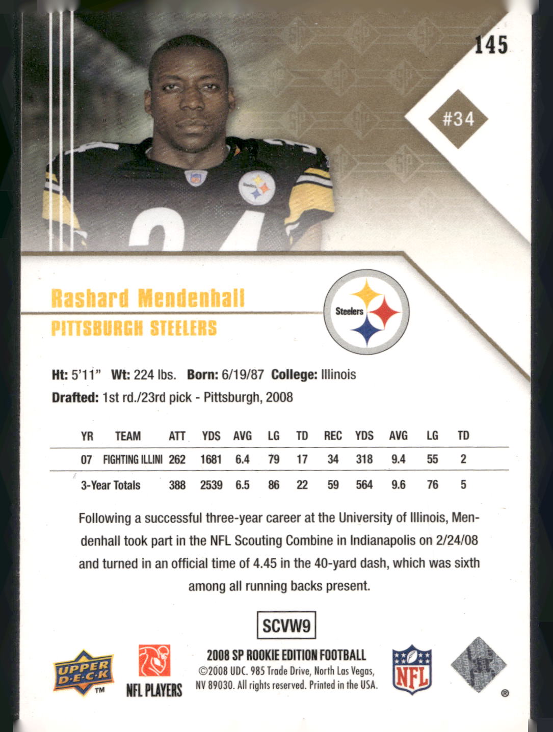 2008 SP Rookie Edition #145 Rashard Mendenhall