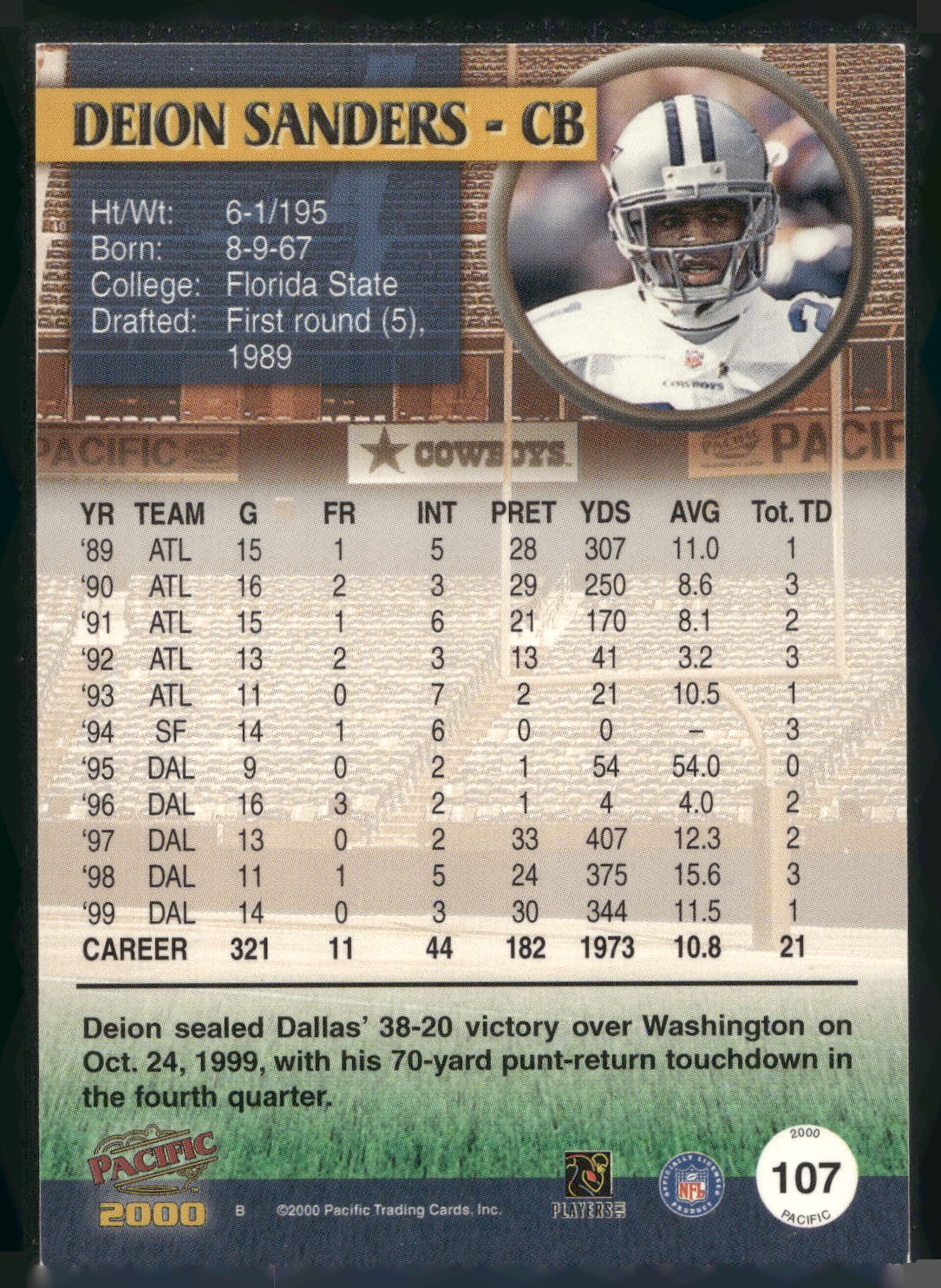 2000 Pacific #107 Deion Sanders