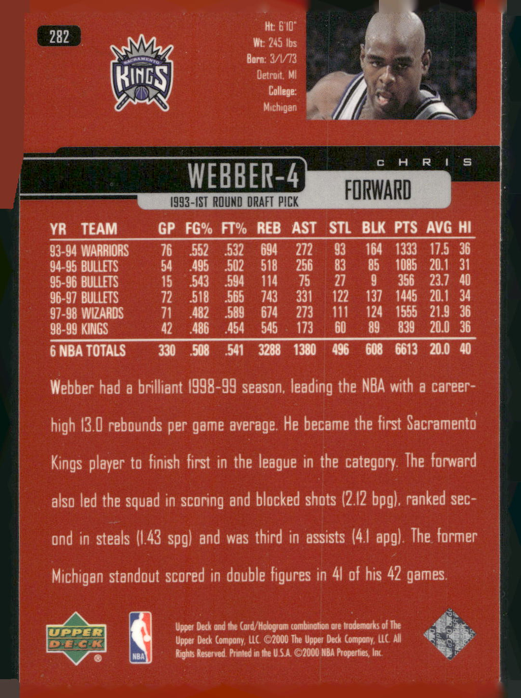 1999-00 Upper Deck #282 Chris Webber