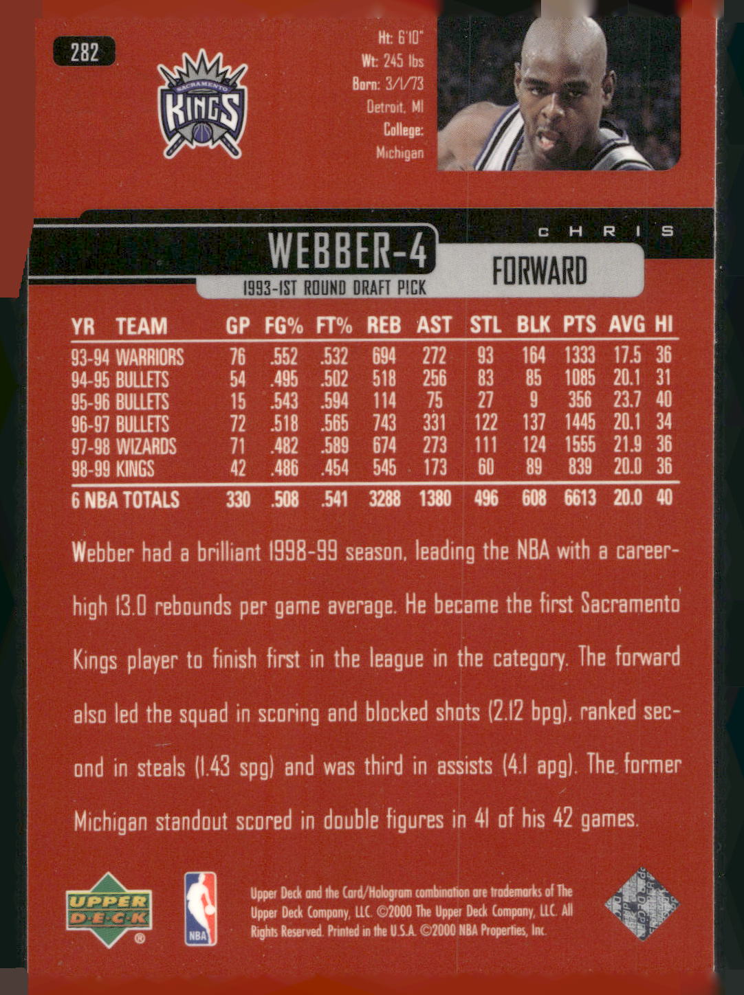 1999-00 Upper Deck #282 Chris Webber