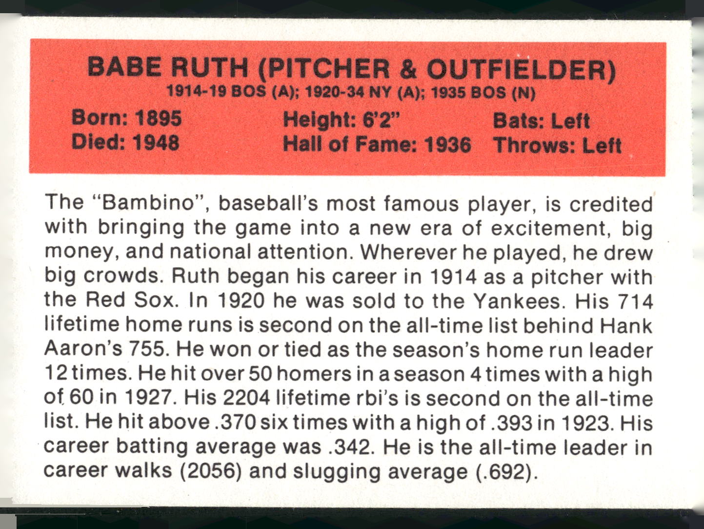 1987 Hygrade All-Time Greats #NNO Babe Ruth