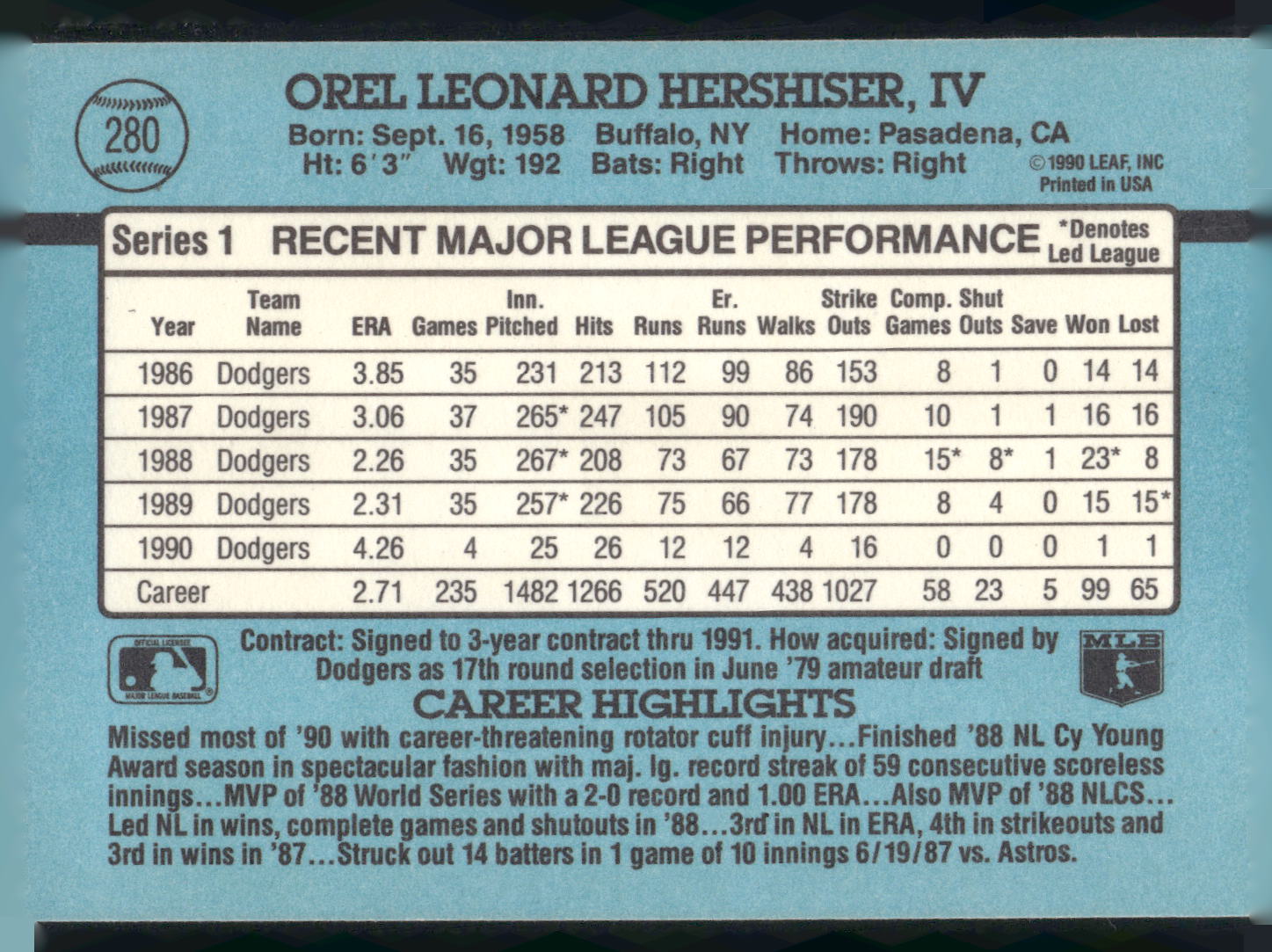 1991 Donruss #280 Orel Hershiser