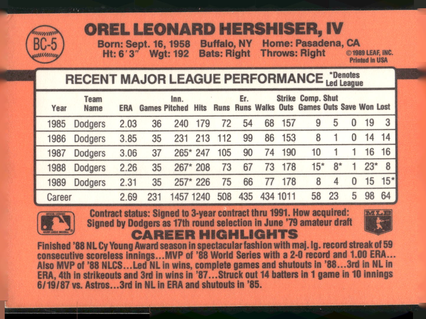 1990 Donruss #BC-5 Orel Hershiser Bonus MVP's