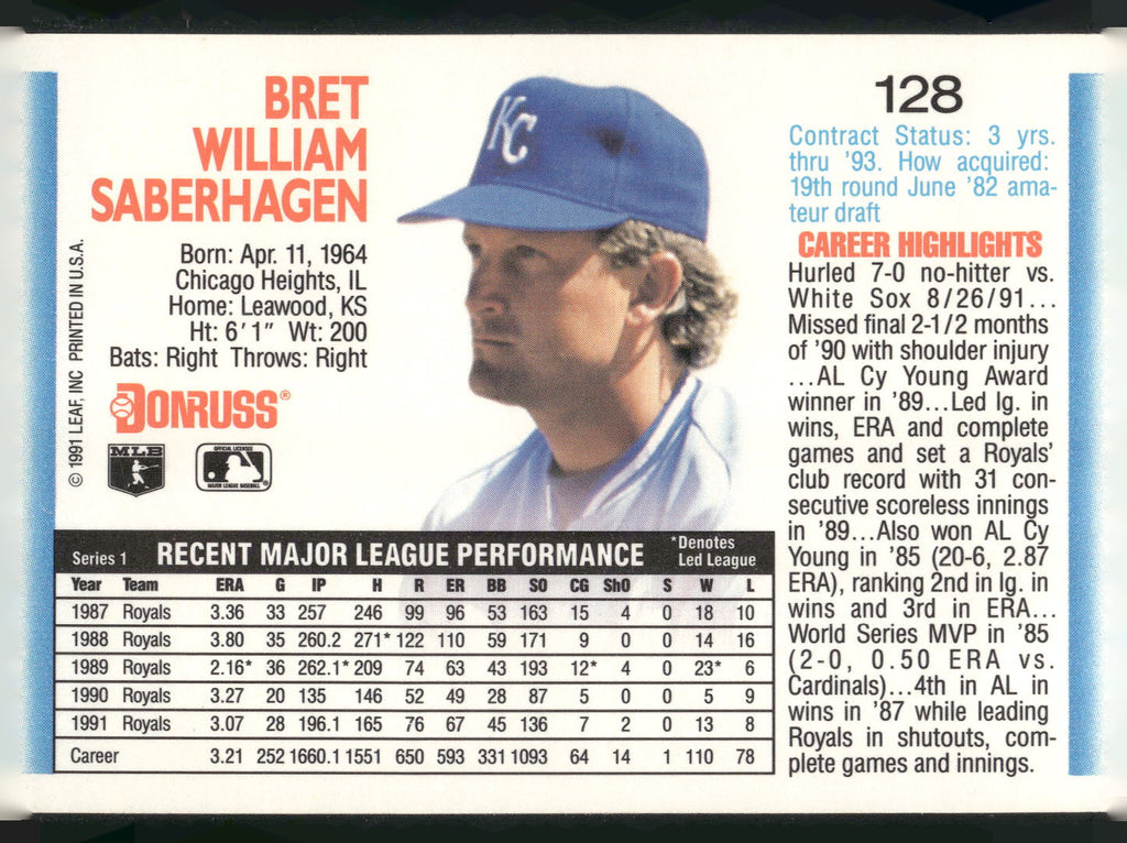 1992 Donruss #128 Bret Saberhagen