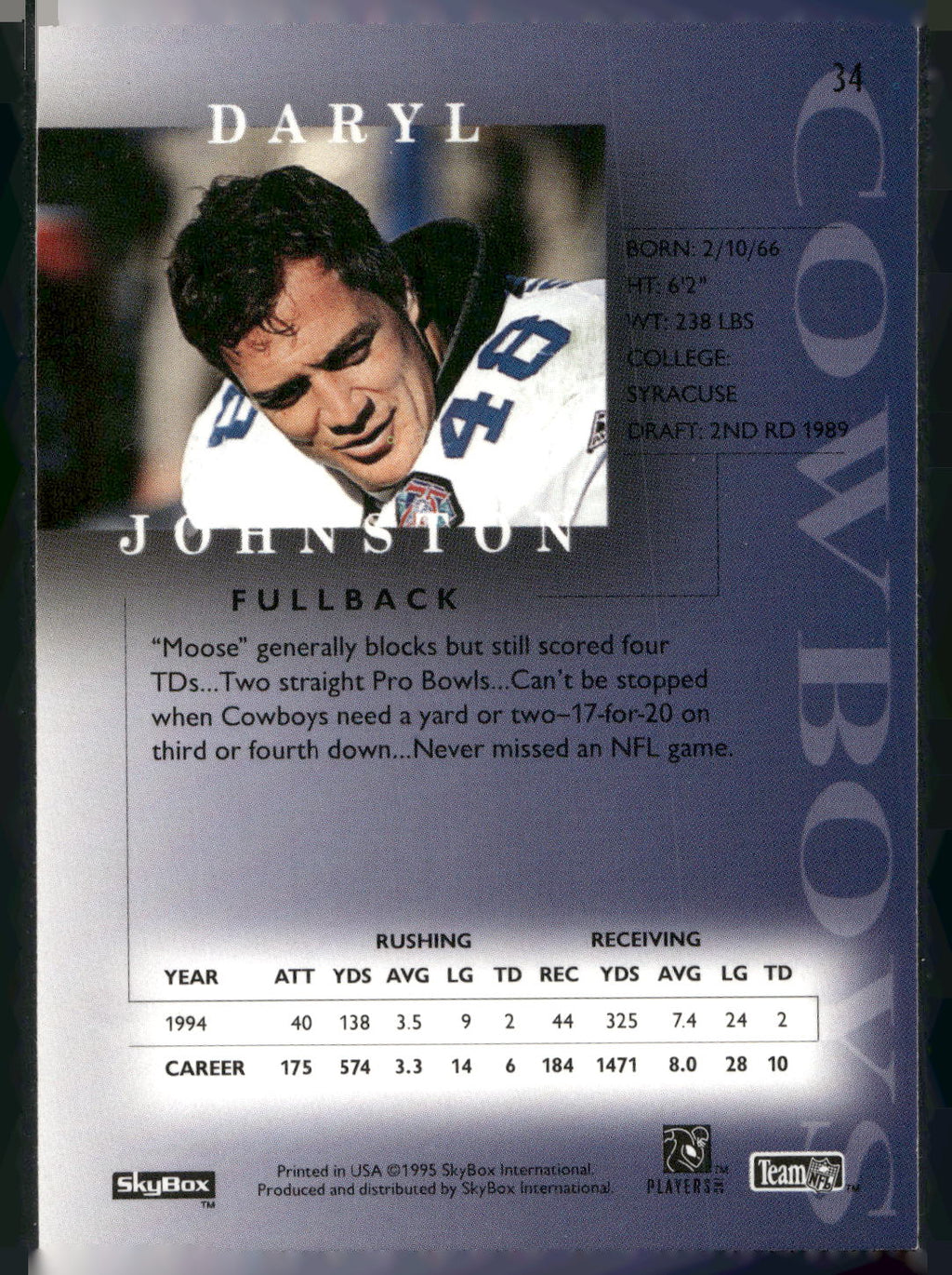 1995 SkyBox Premium #34 Daryl Johnston