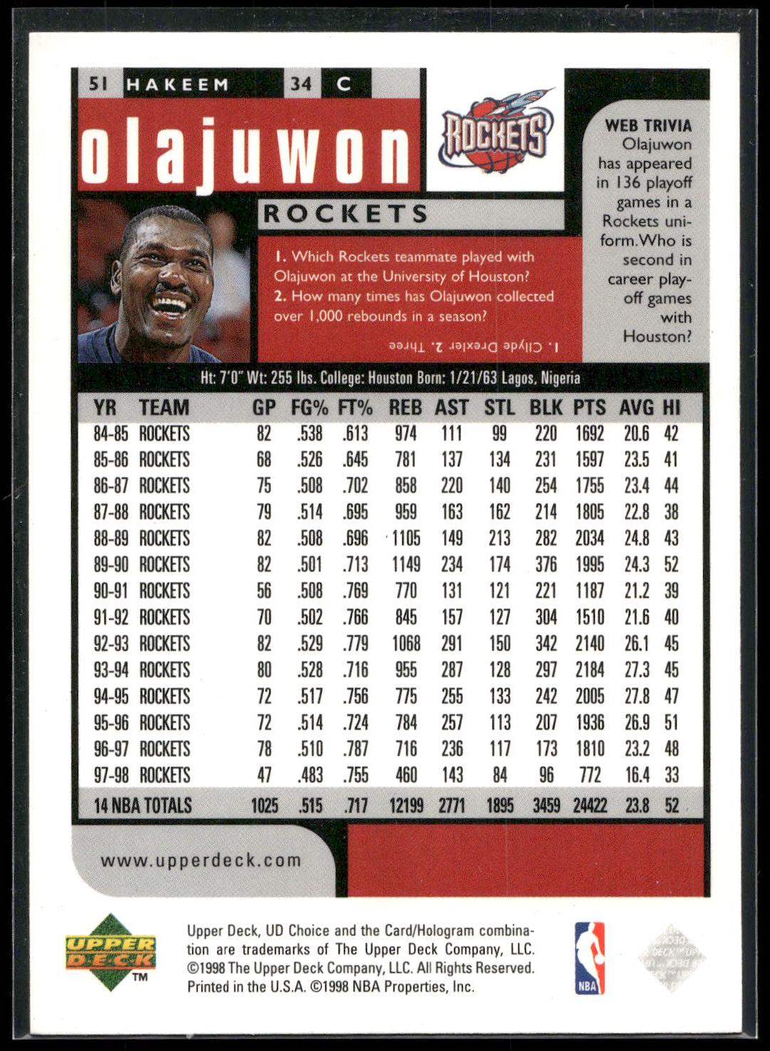 1998-99 UD Choice #51 Hakeem Olajuwon