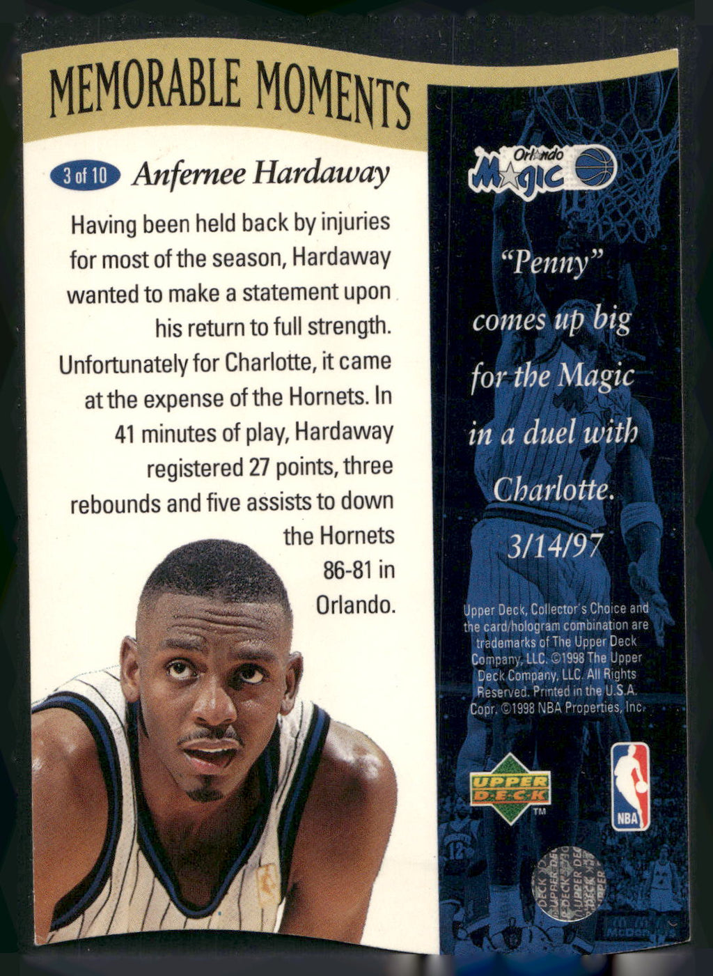 1997-98 Collector's Choice #3 Anfernee Hardaway Memorable Moments