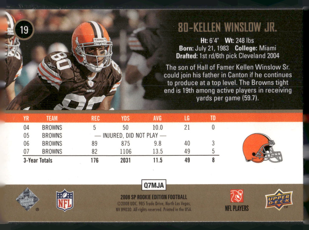 2008 SP Rookie Edition #19 Kellen Winslow Jr.