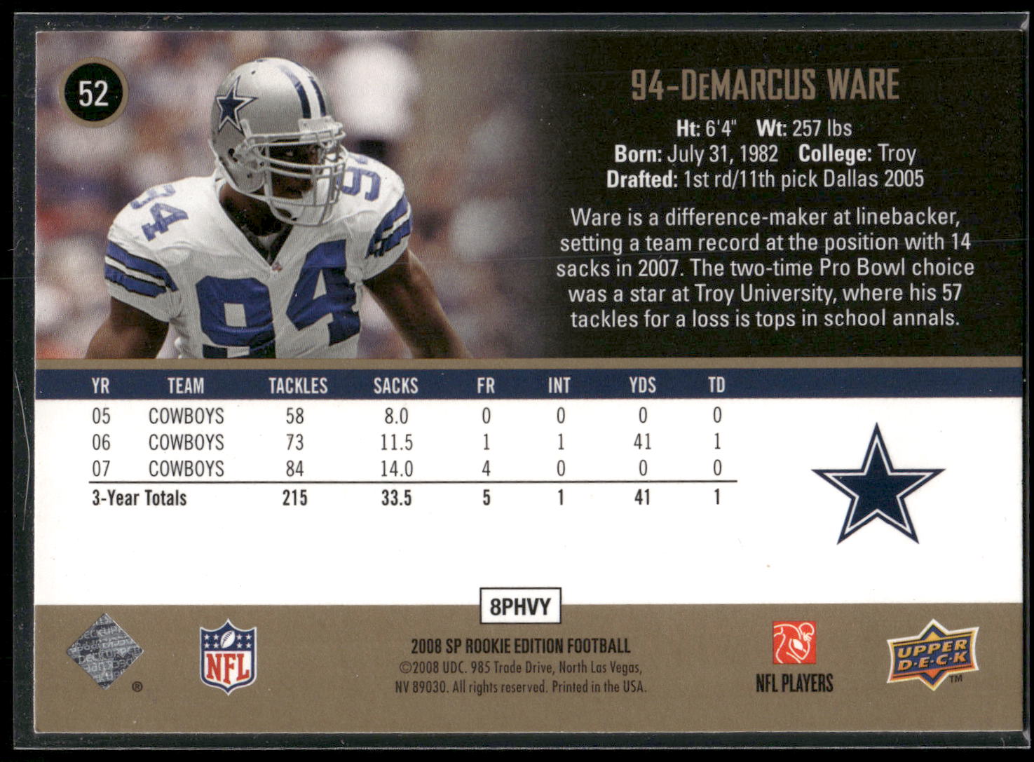 2008 SP Rookie Edition #52 DeMarcus Ware