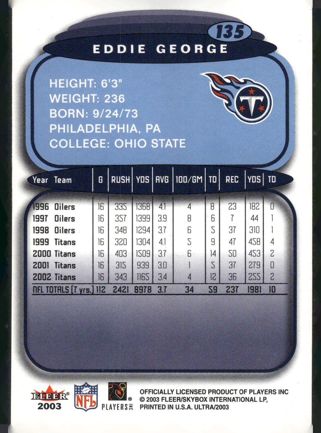 2003 Ultra #135 Eddie George