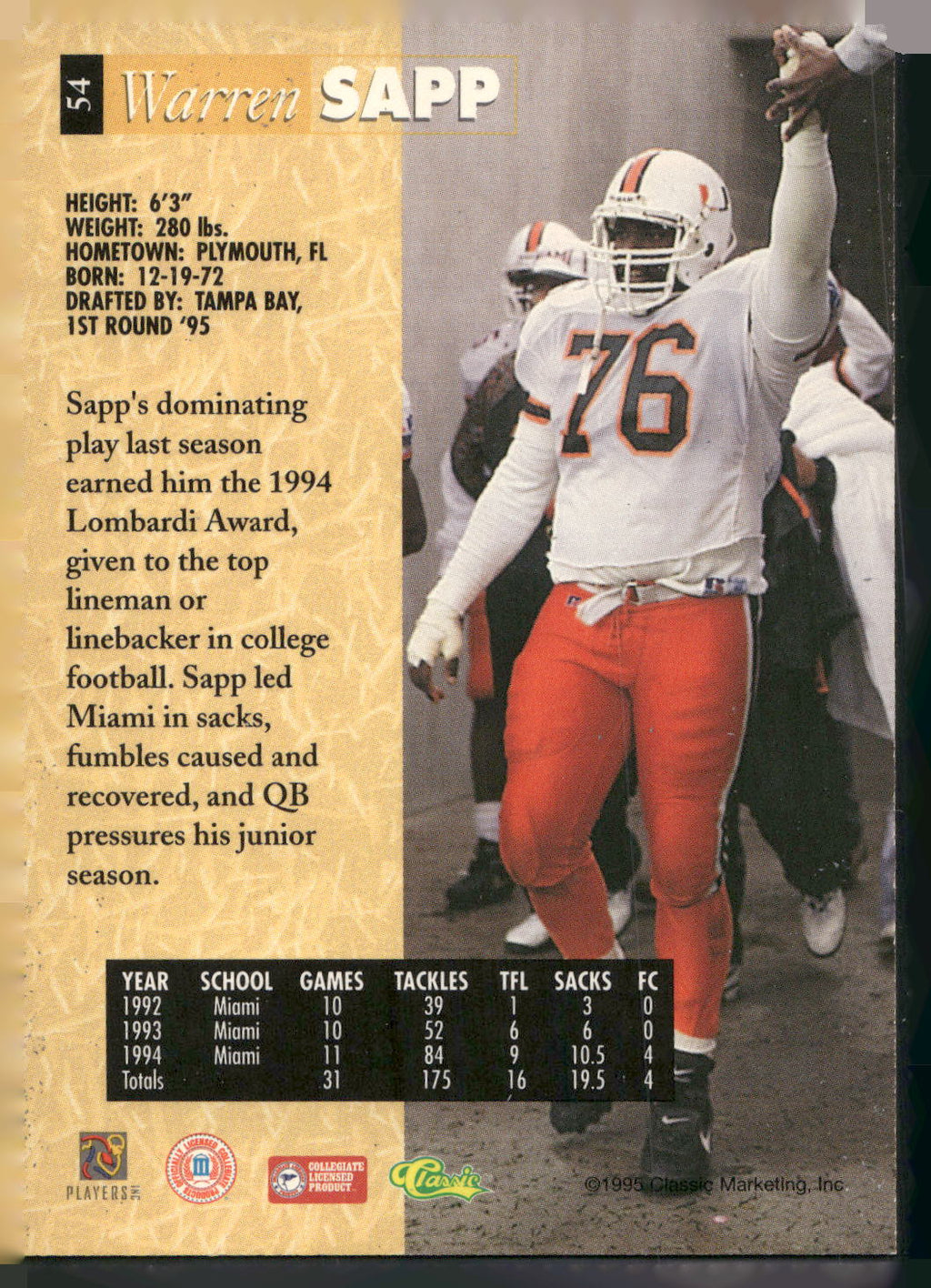 1995 Classic Five Sport #54 Warren Sapp