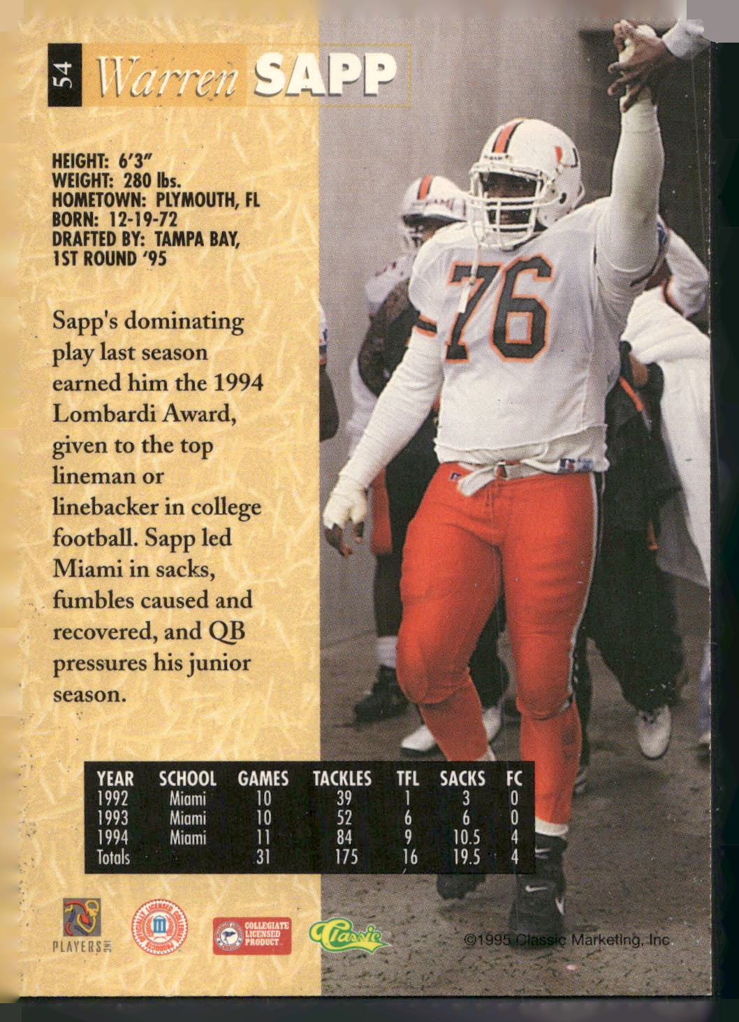 1995 Classic Five Sport #54 Warren Sapp