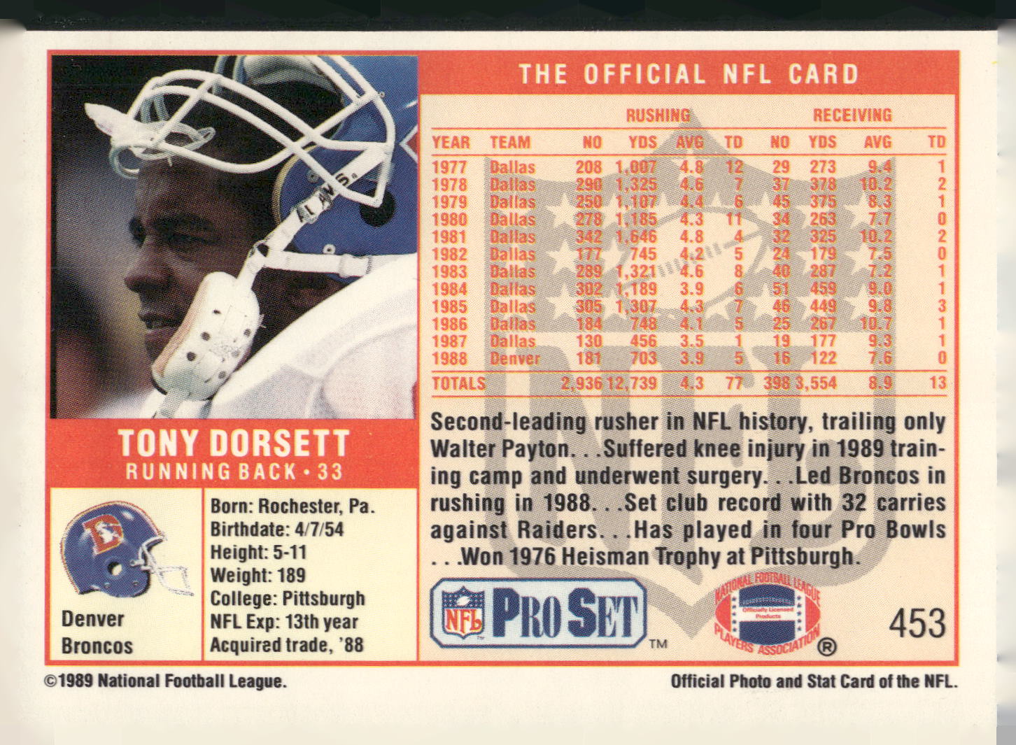 1989 Pro Set #453 Tony Dorsett