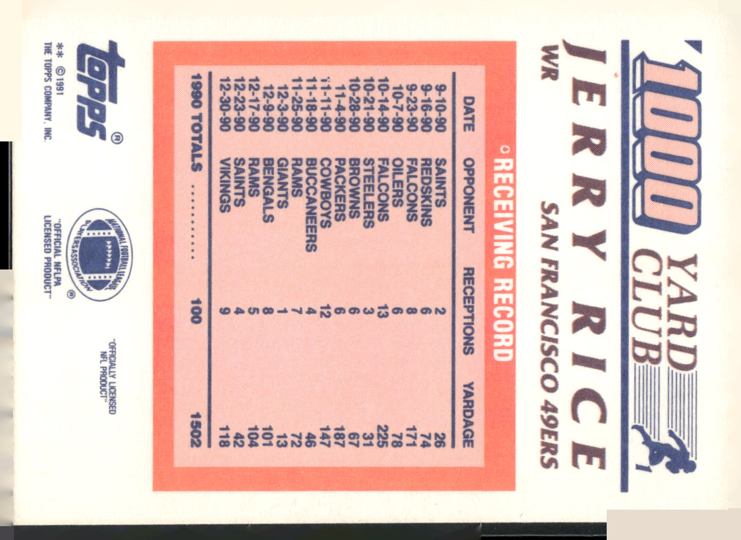 1991 Topps #1 Jerry Rice 1000 Yard Club