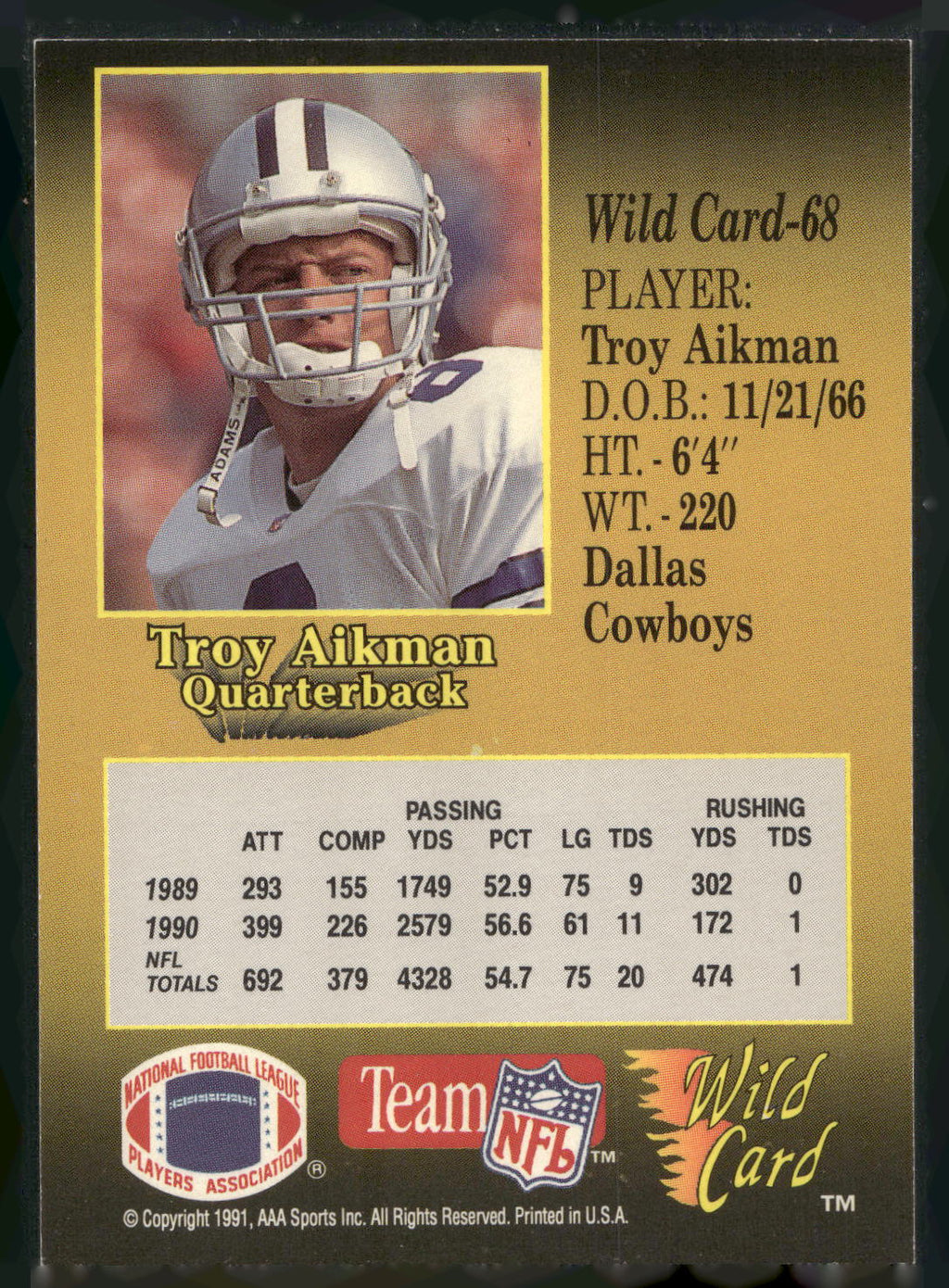 1991 Wild Card #68 Troy Aikman