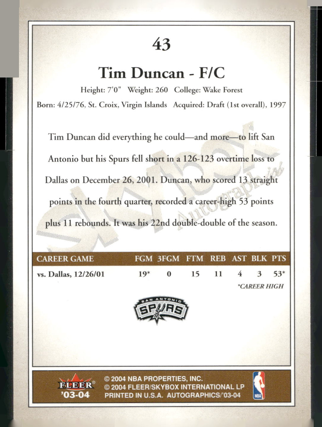 2003-04 SkyBox Autographics #43 Tim Duncan