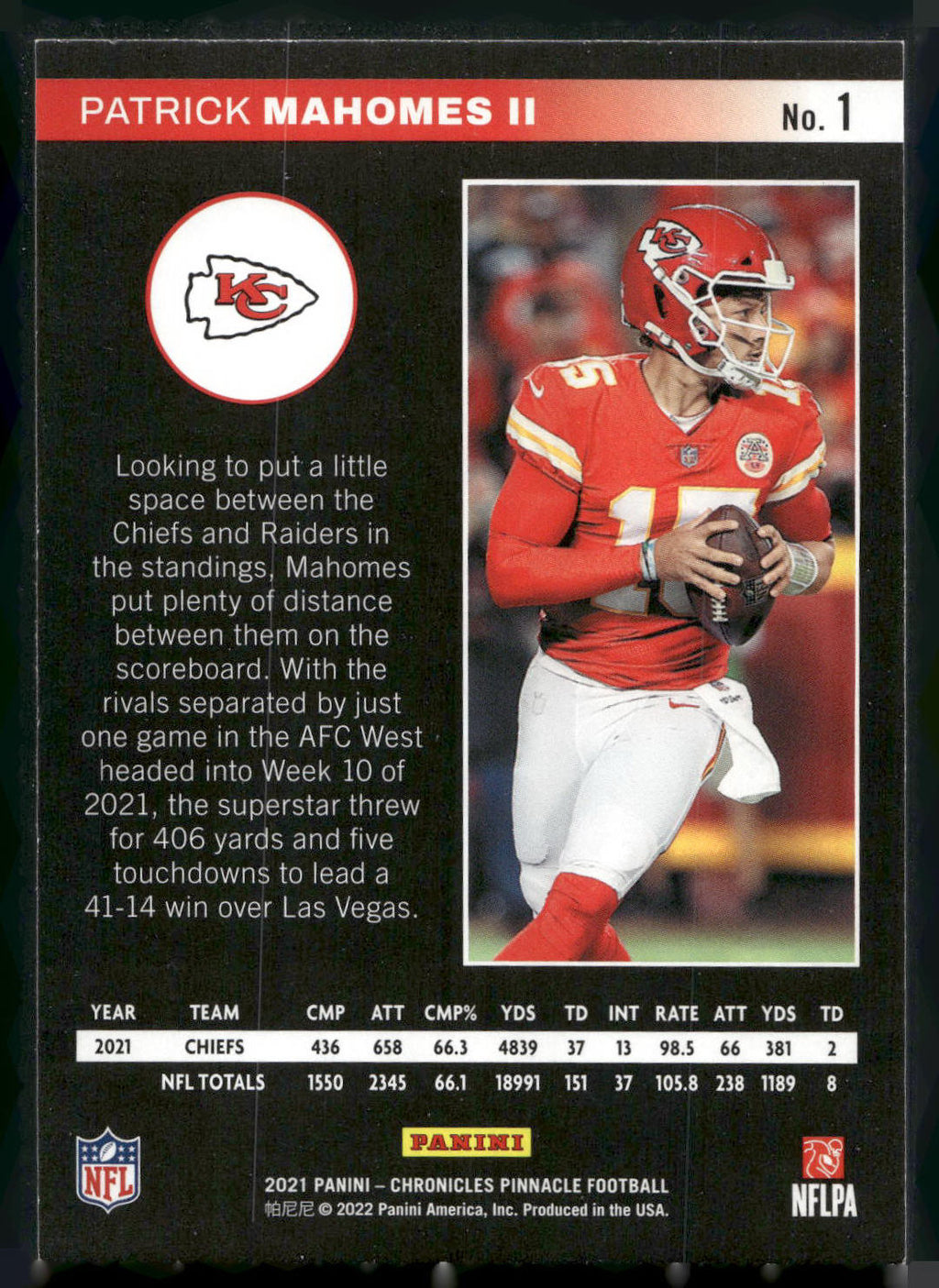 2021 Panini Chronicles #1 Patrick Mahomes II Pinnacle