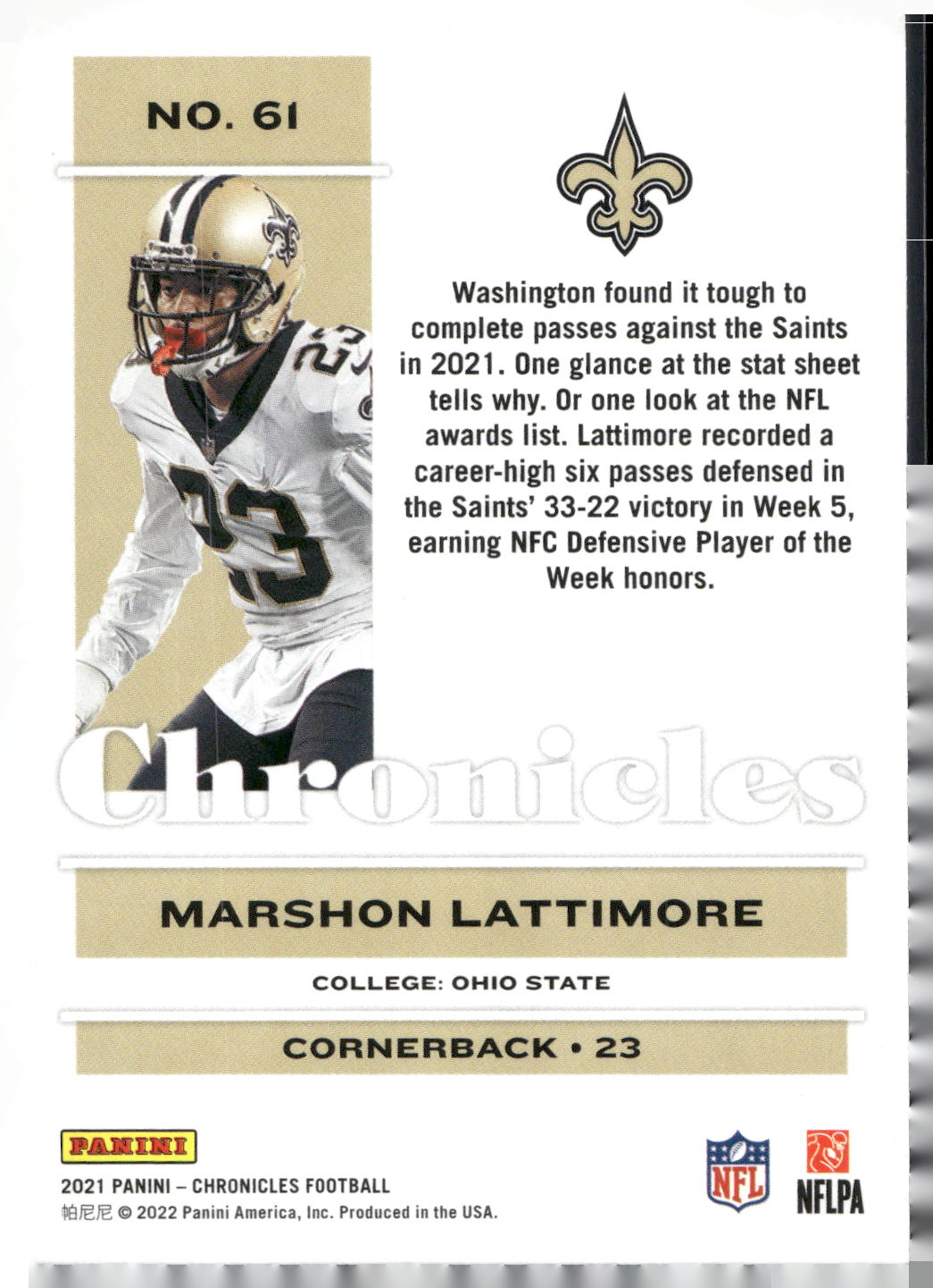 2021 Panini Chronicles #61 Marshon Lattimore