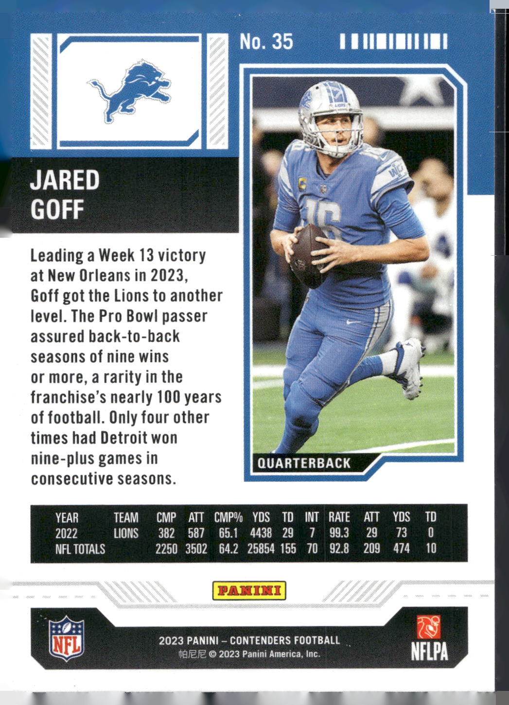 2023 Panini Contenders #35 Jared Goff Season Ticket Retail
