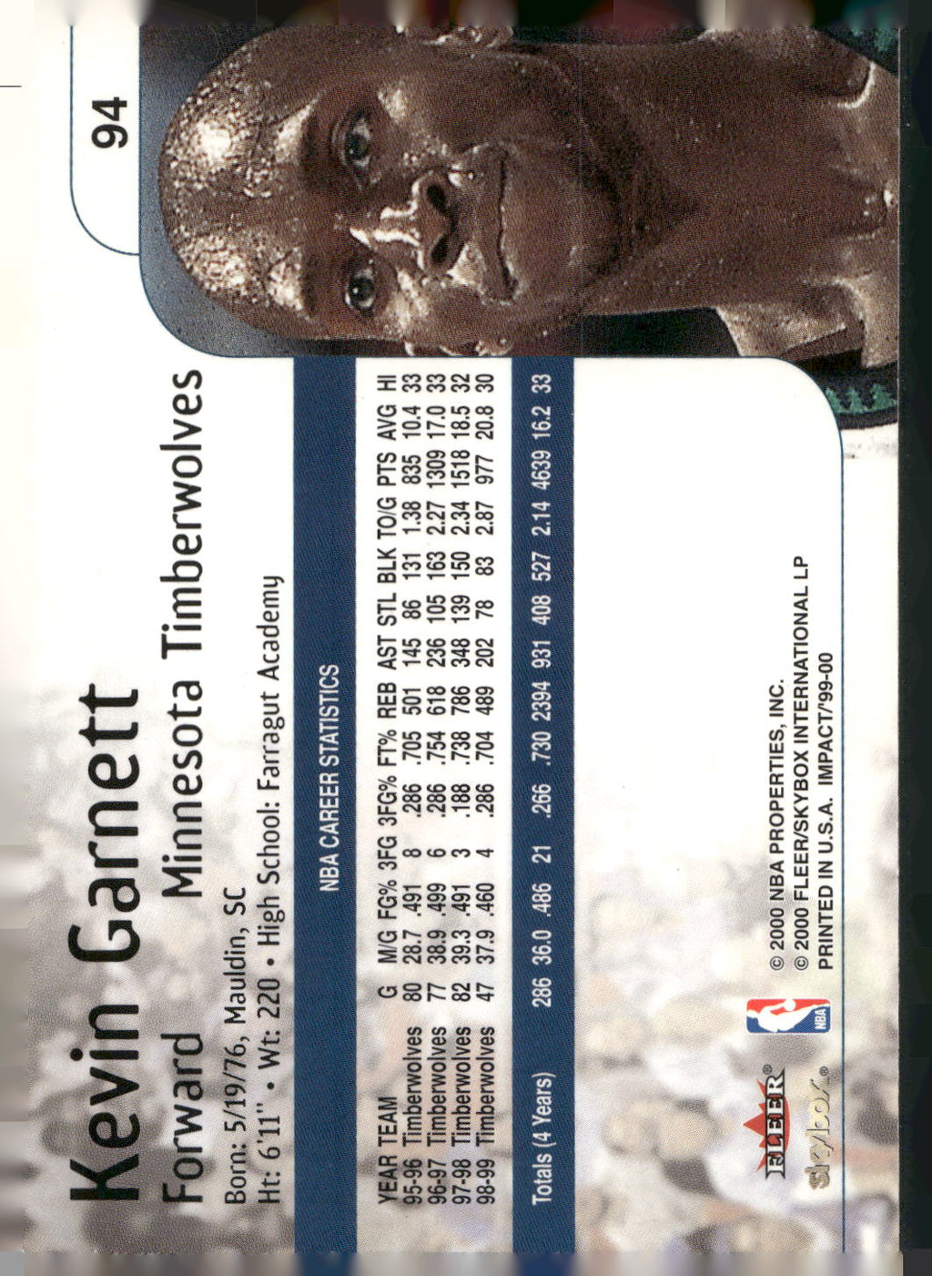 1999-00 SkyBox Impact #94 Kevin Garnett