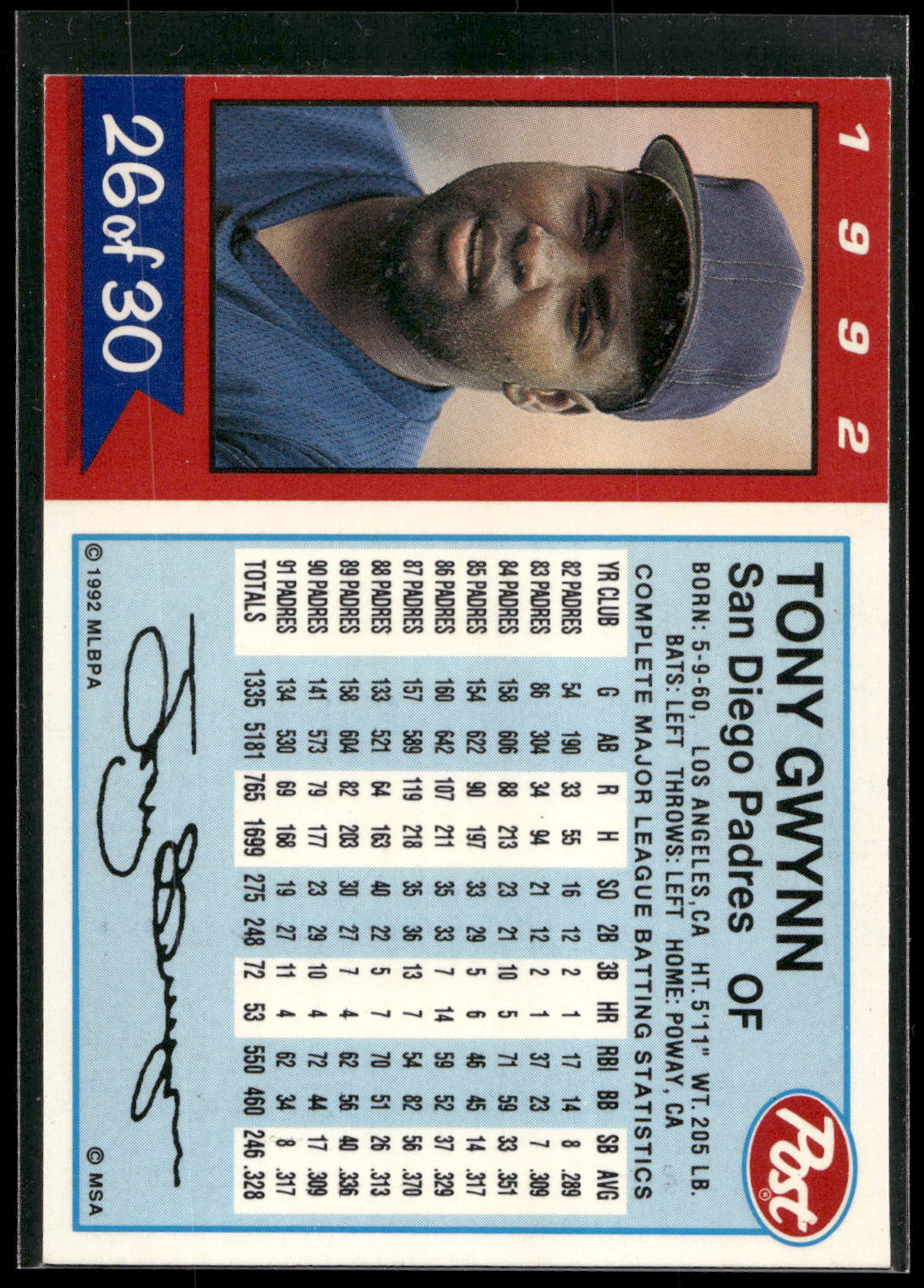 1992 Post Cereal #26 Tony Gwynn