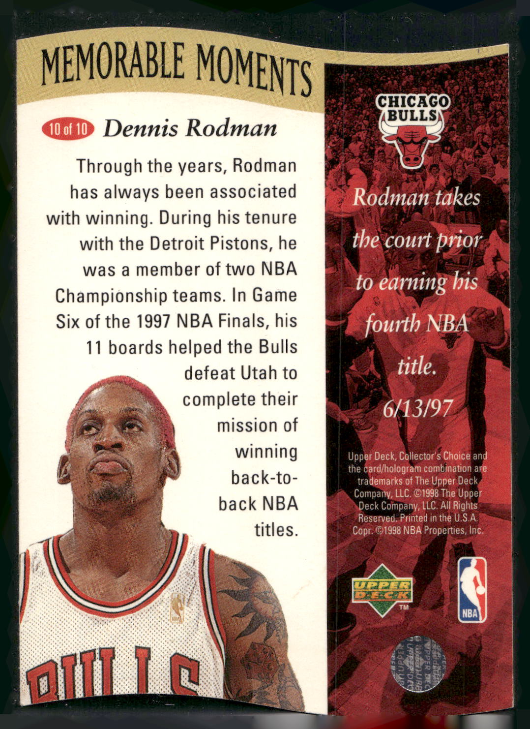 1997-98 Collector's Choice #10 Dennis Rodman Memorable Moments