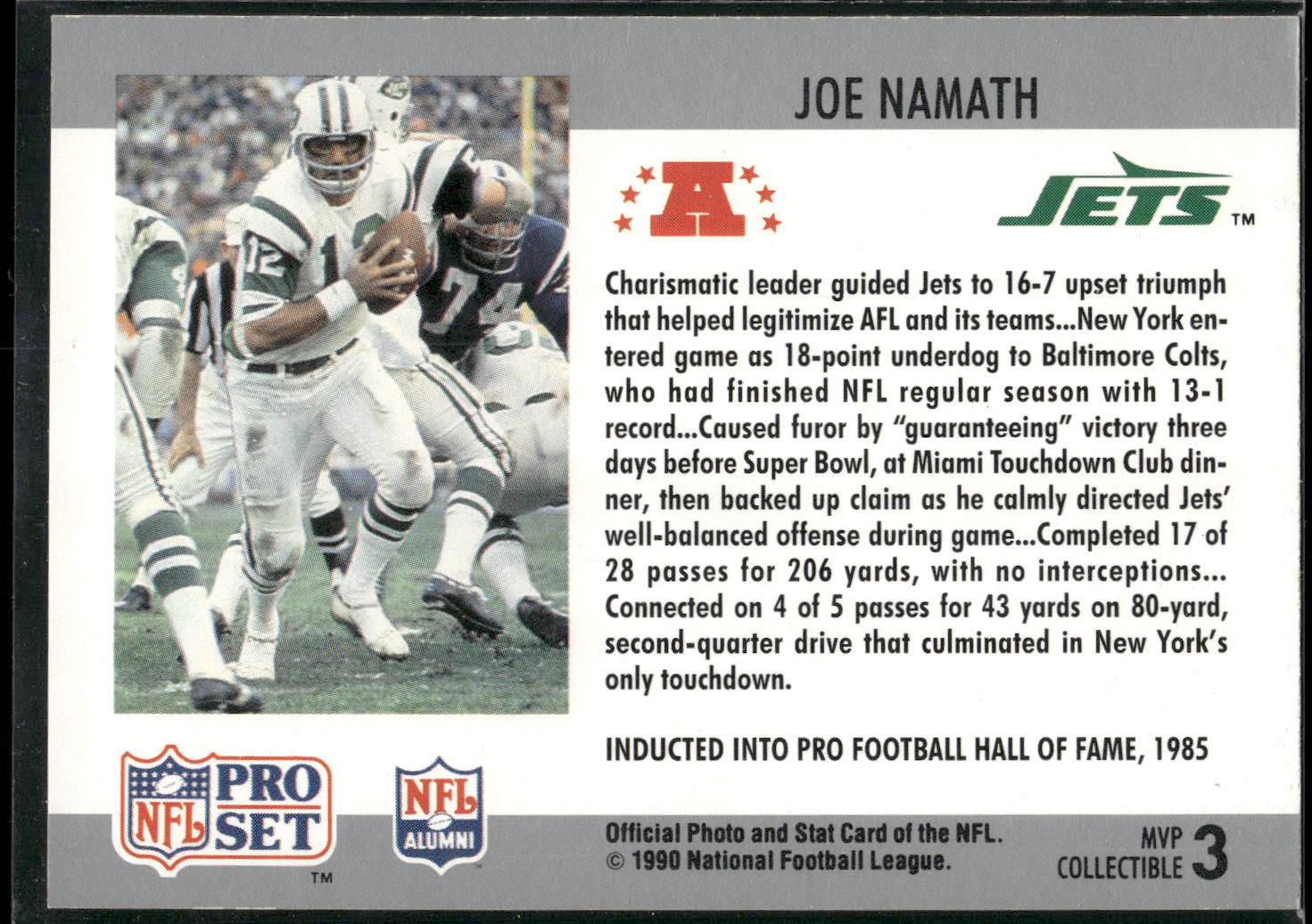 1990 Pro Set #3 Joe Namath Super Bowl MVP Collectibles