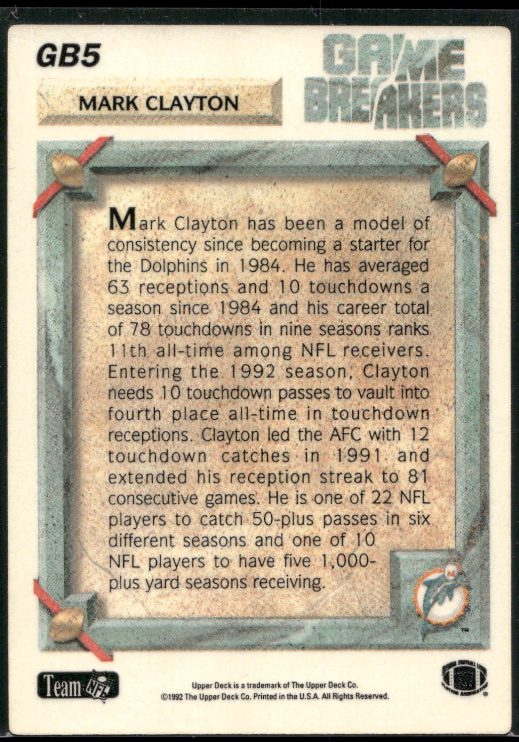 1992 Upper Deck #GB5 Mark Clayton Game Breakers
