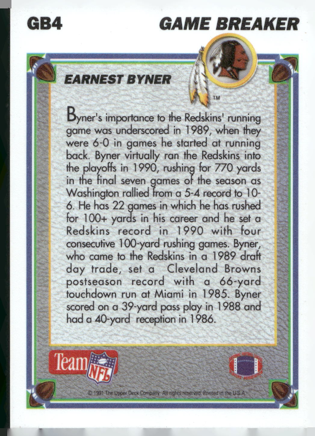 1991 Upper Deck #GB4 Earnest Byner Game Breakers