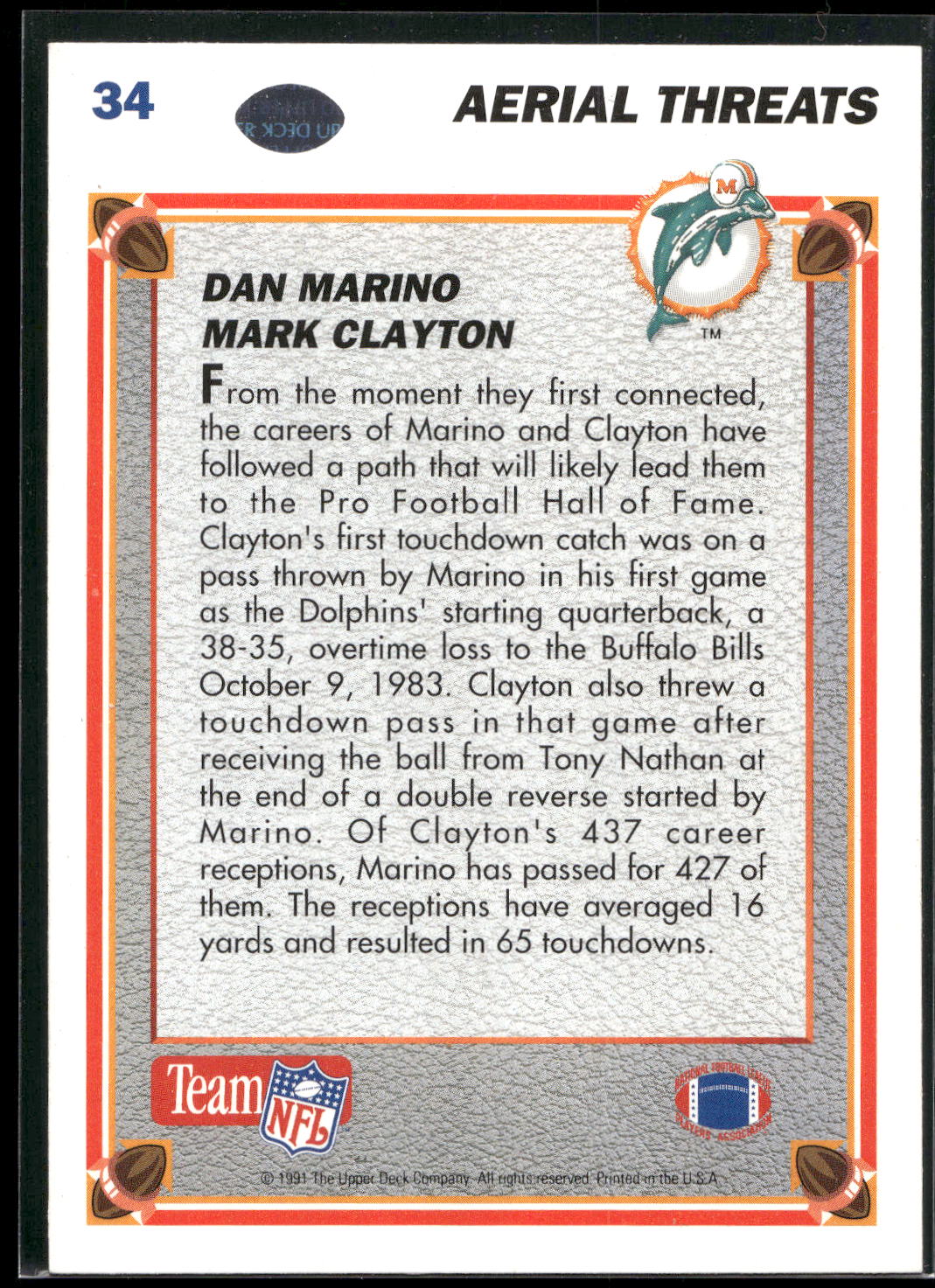 1991 Upper Deck #34 Dan Marino / Mark Clayton