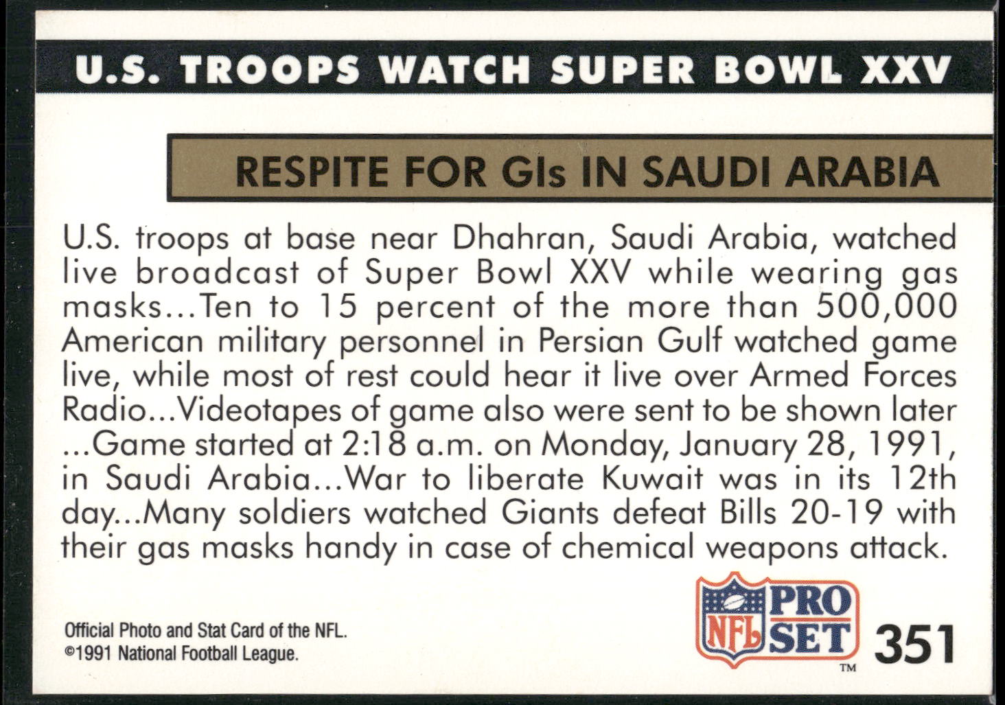 1991 Pro Set #351 U.S. Troops Watch Super Bowl XXV NEWS