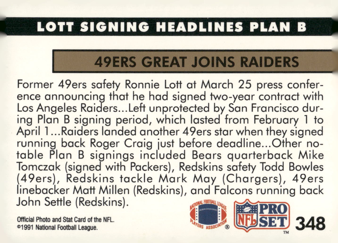 1991 Pro Set #348 Lott Signing Headlines Plan B