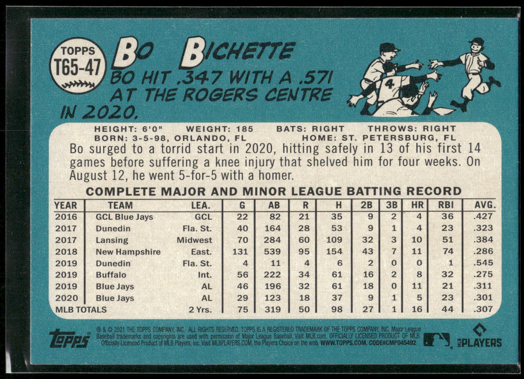 2021 Topps #T65-47 Bo Bichette 1965 Topps Redux