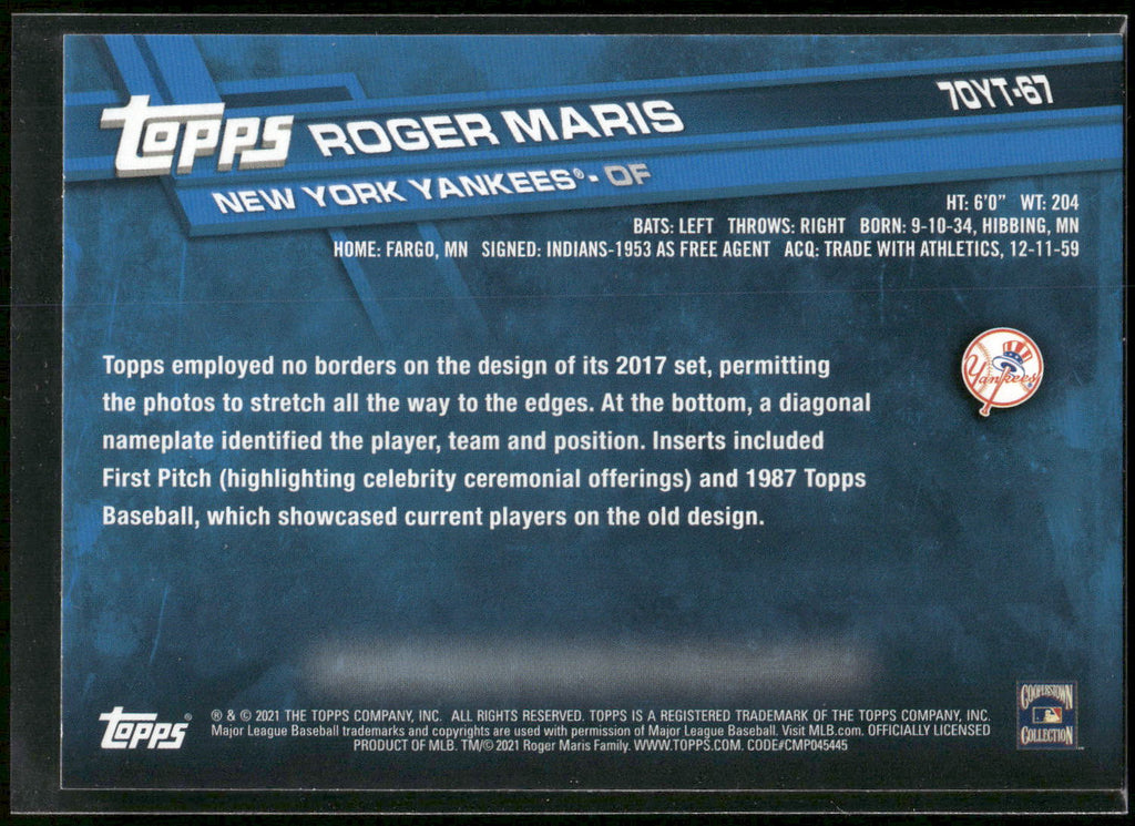 2021 Topps #70YT-67 Roger Maris 70 Years of Topps Baseball (Series 2)